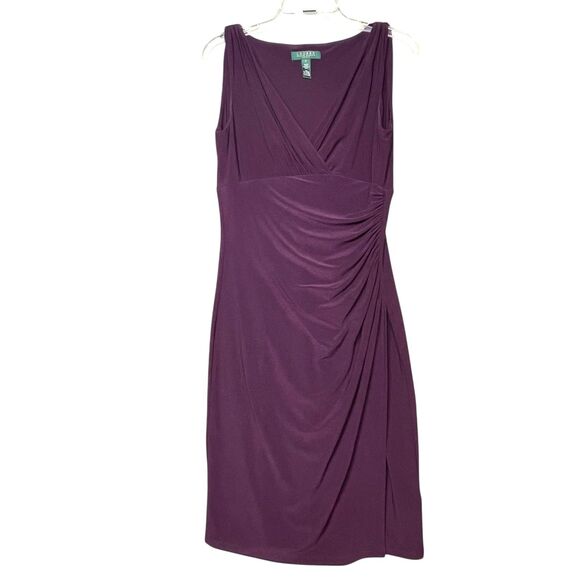 Lauren Ralph Lauren Dress Womens 6 Ruched Sleeveless V Neck Cocktail Party - Picture 1 of 10